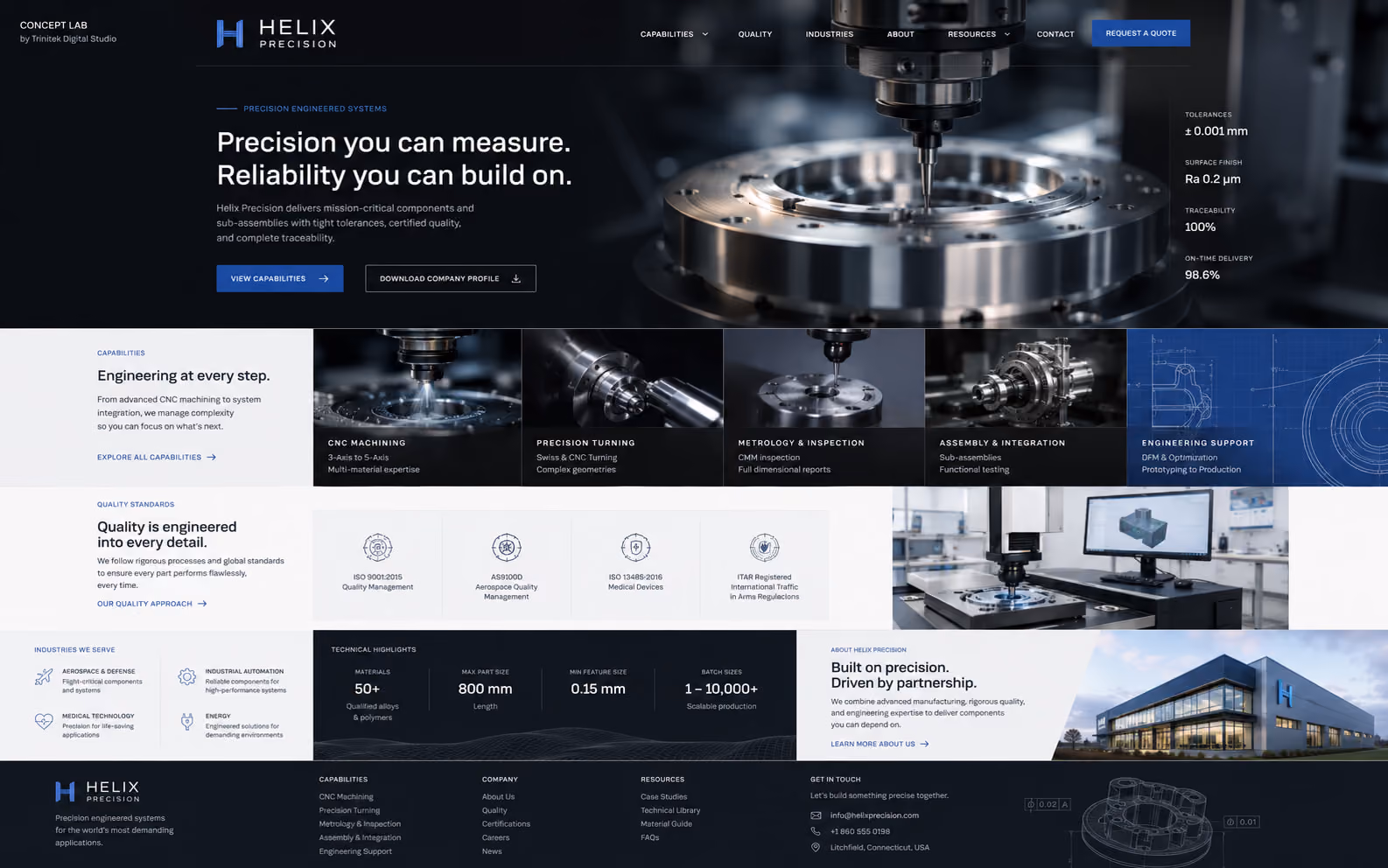 Concept di sito web per un'azienda di meccanica di precisione: hero scuro su un particolare metallico lavorato al tornio, colonna di dati di processo sulla destra con tolleranze, finitura e puntualità di consegna, fascia di cinque capacità produttive fotografate, riquadri delle certificazioni di qualità e numeri tecnici su materiali, dimensioni e lotti.