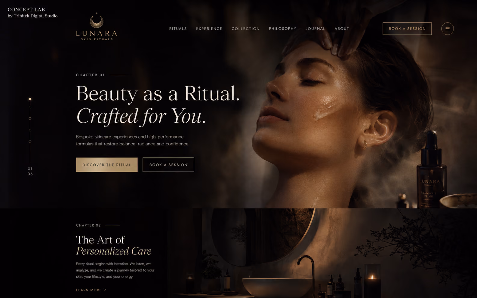 Concept di sito web cinematografico per la skincare: scena scura e dorata di un trattamento viso, indice dei capitoli sulla sinistra e invito a scorrere.