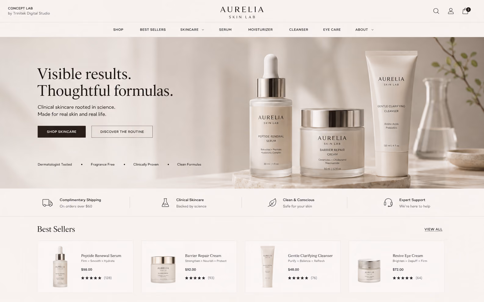 Concept di e-commerce skincare clinico: hero avorio con fotografia di siero, crema e detergente su piano di pietra, titolo serif su due righe, doppia call to action, fascia di garanzie dermatologiche e riga di quattro best seller con prezzi, valutazioni e numero di recensioni.