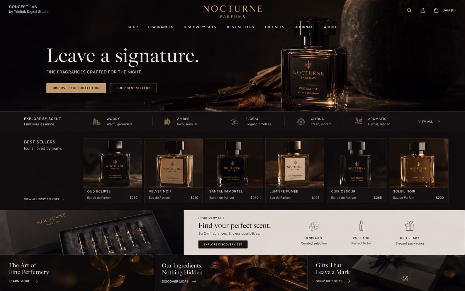 Concept di e-commerce per una maison di profumi: hero scuro con fotografia di un flacone ambrato fra spezie e legni, titolo serif chiaro di grande formato, fascia di esplorazione per famiglia olfattiva, riga di sei fragranze con formato e prezzo e blocco dedicato al discovery set.