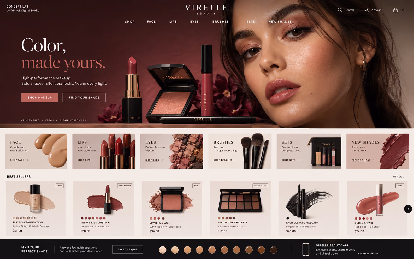 Concept di e-commerce make-up: hero in toni bordeaux con primo piano di una modella accanto a rossetti e gloss, titolo su due righe con una parola in corsivo, sei riquadri di reparto su viso, labbra, occhi, pennelli, kit e nuove tonalità, riga di best seller con pastiglie colore e prezzi e fascia finale con il quiz per trovare la propria shade.