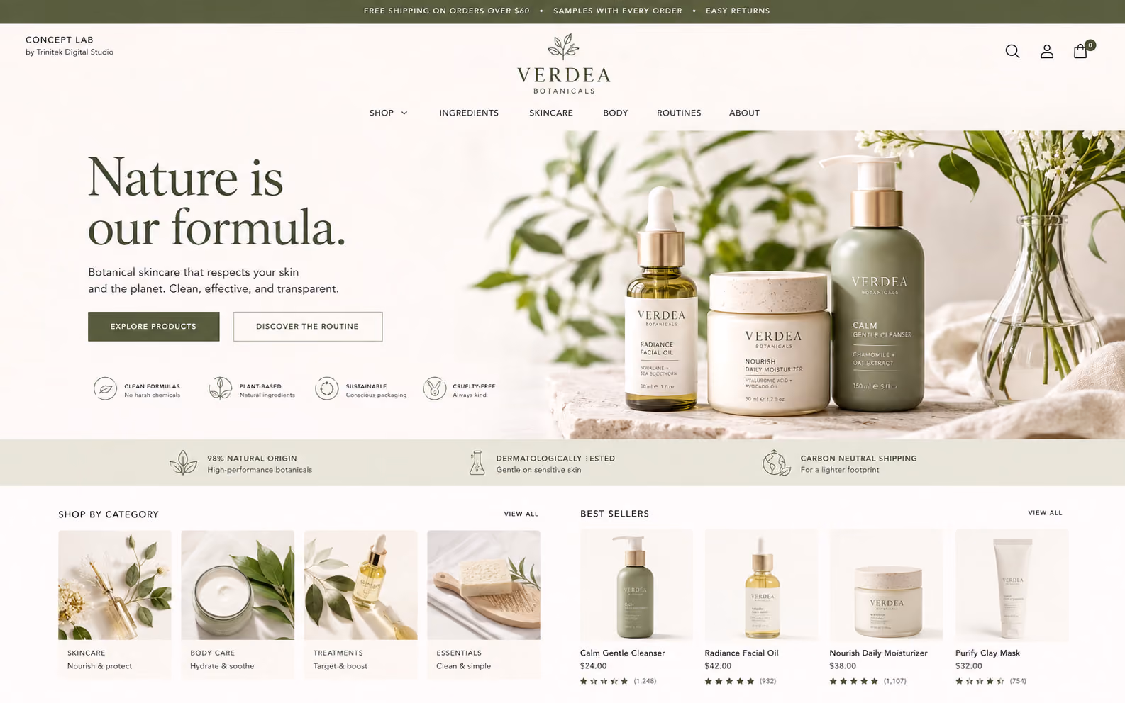 Concept di e-commerce per clean beauty botanica: hero chiaro in toni verde salvia con flaconi fra foglie e vetro, titolo serif su due righe, quattro garanzie su formule e sostenibilità, fascia di dati su origine naturale e spedizione, riquadri di reparto e riga di best seller con valutazioni.