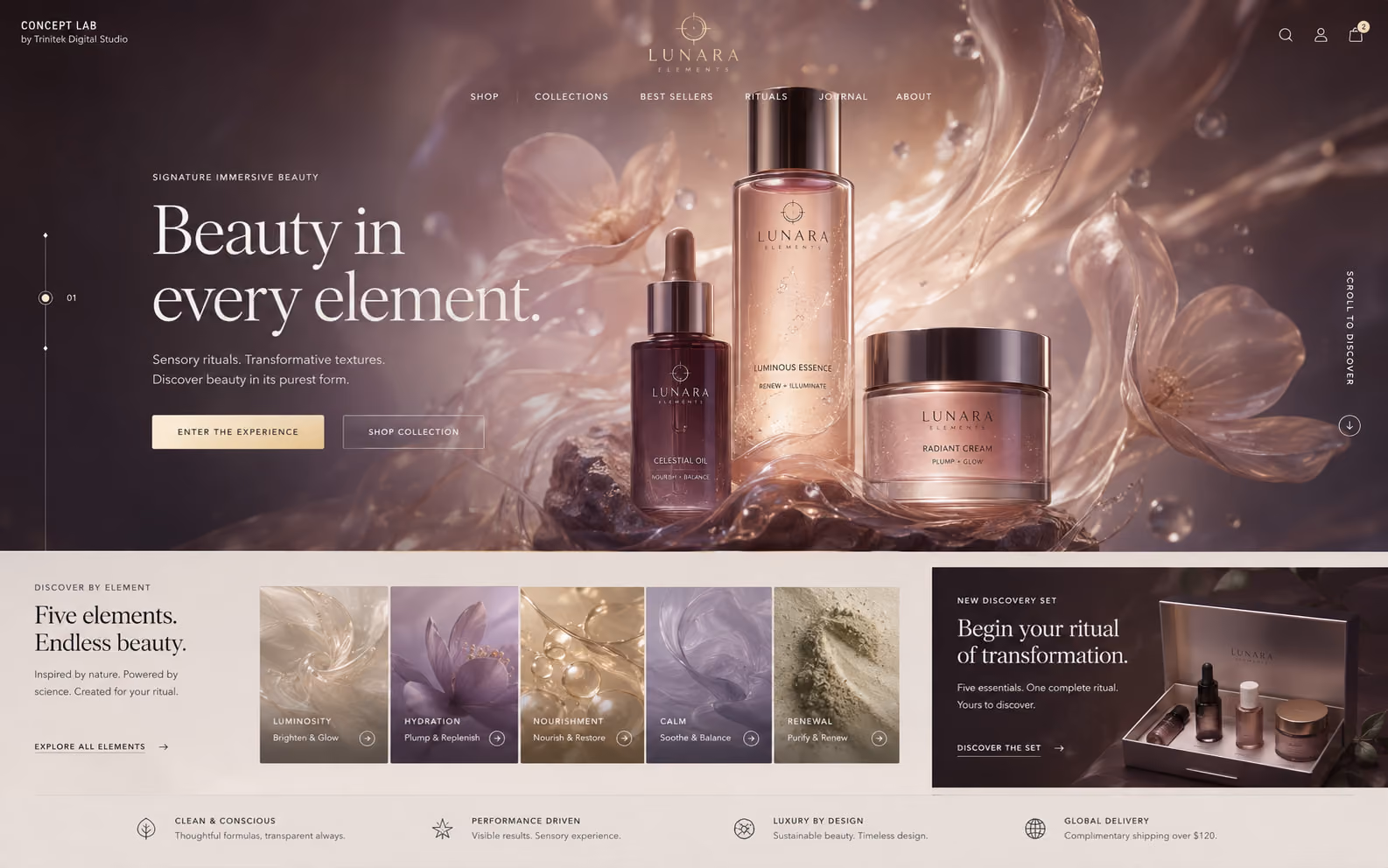 Concept di e-commerce beauty immersivo di fascia signature: scena rosata con tre flaconi sospesi fra liquidi e petali traslucidi, titolo serif chiaro su due righe, invito a entrare nell'esperienza, cinque riquadri dedicati agli elementi della formula e blocco del discovery set.
