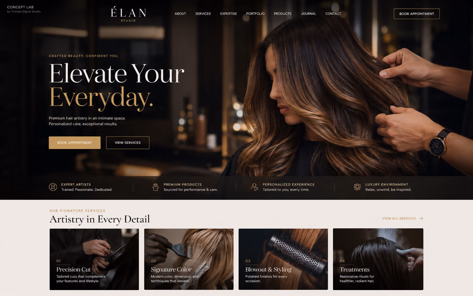 Concept di sito web per un salone di parrucchieri premium: hero scuro con fotografia di hairstyling, titolo serif di grande formato in oro e quattro schede su taglio, colore, piega e trattamenti.