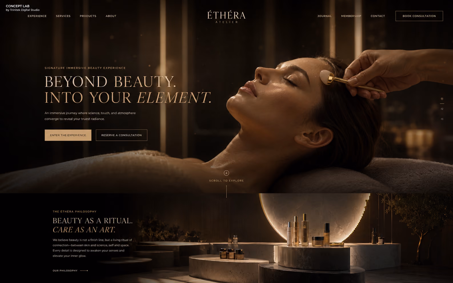 Concept di sito web immersivo di fascia signature per il beauty: scena dorata di un trattamento viso con luce radente, indicatore di sezione e percorso di scoperta a scorrimento.