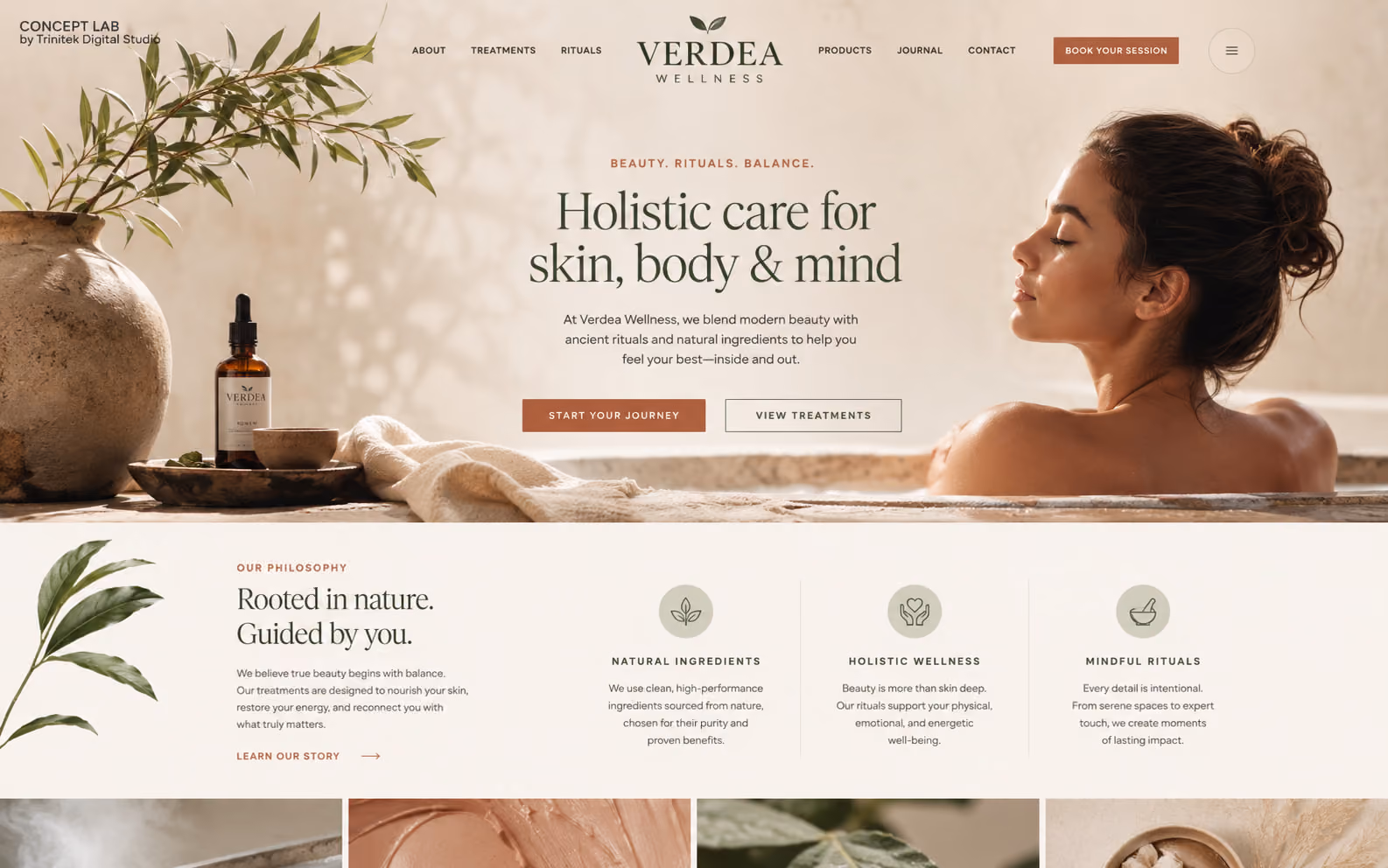 Concept di sito web per un centro wellness naturale: hero chiaro con botaniche e prodotti in primo piano, titolo verde e sezione sulla filosofia in tre punti.