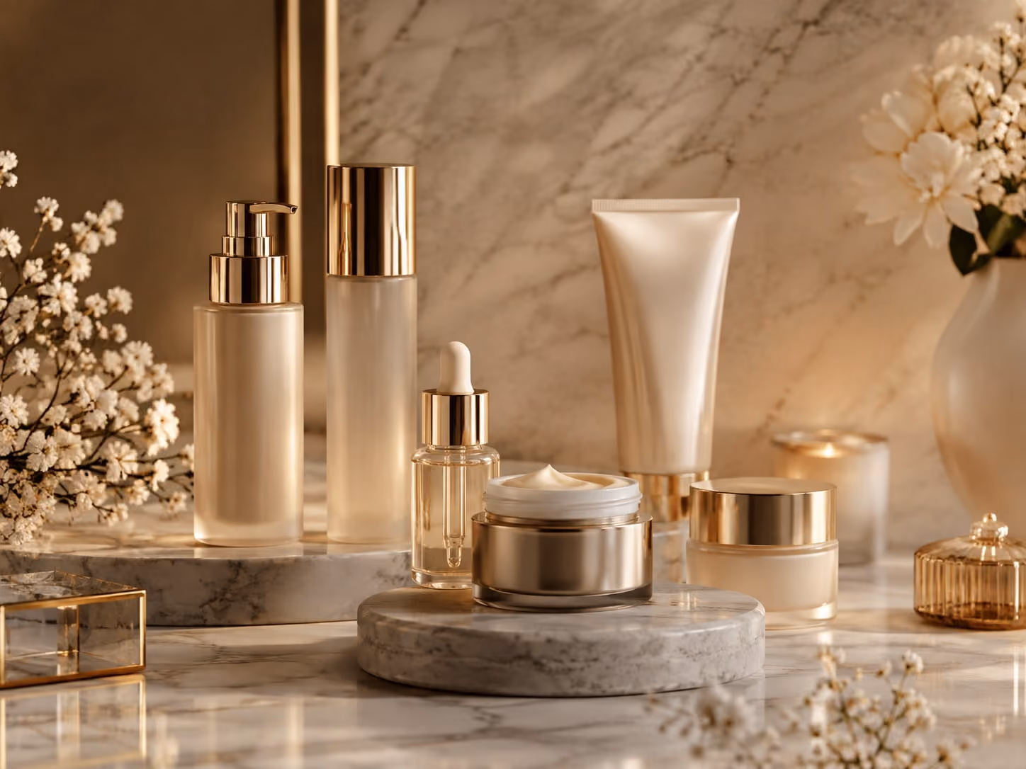 Prodotti skincare e cosmetici premium in composizione su marmo.