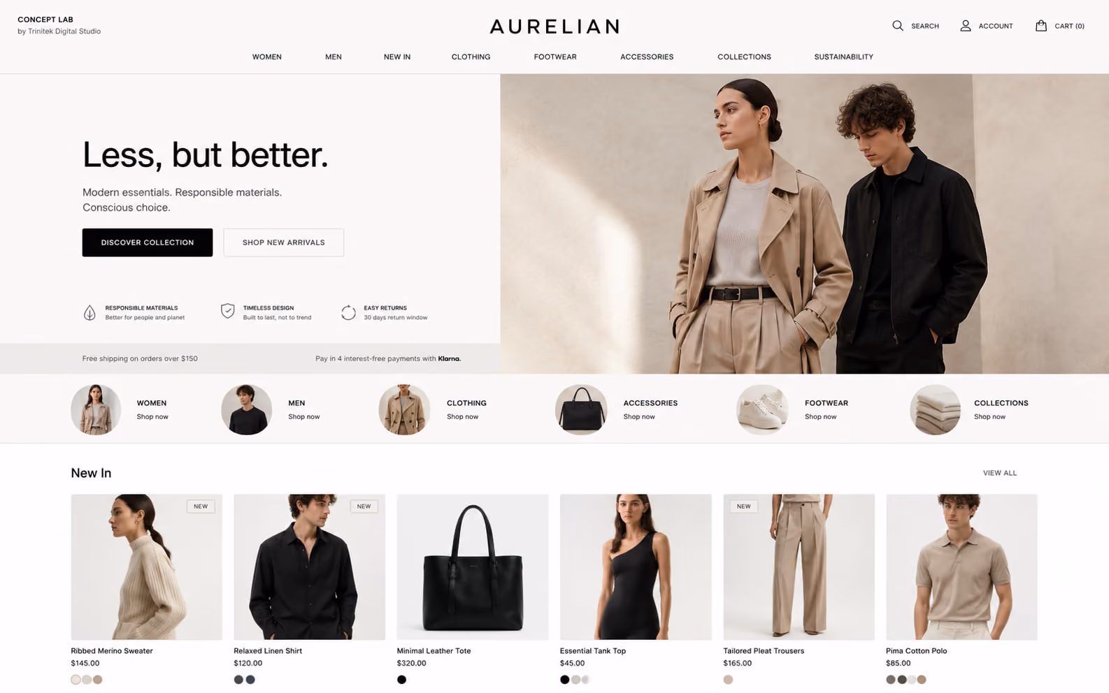 Concept di e-commerce fashion contemporaneo: hero diviso fra titolo chiaro a sinistra e fotografia di due modelli a destra, fascia di vantaggi su materiali, design e resi, riga di scorciatoie circolari per reparto e griglia di sei schede prodotto con badge, prezzi e varianti di colore.