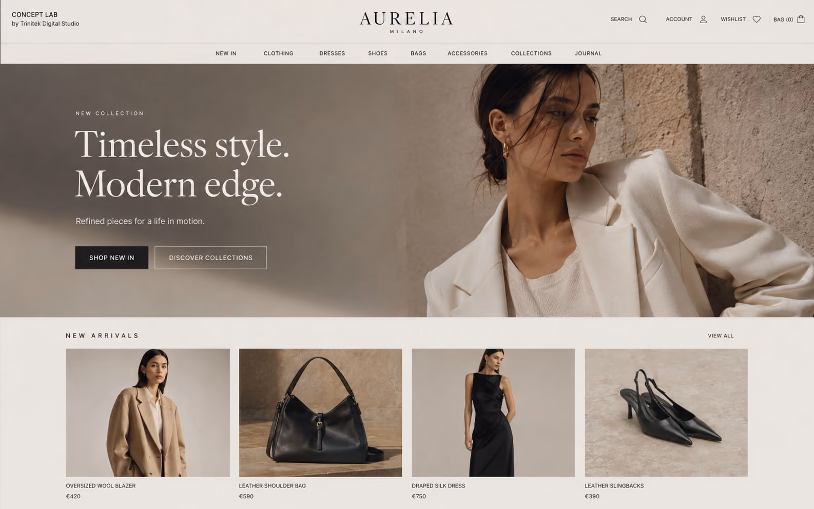 Concept di e-commerce fashion luxury: hero avorio con fotografia di campagna in toni caldi, titolo serif di grande formato su due righe, doppia call to action e riga di quattro schede prodotto con prezzi sotto la fascia dei nuovi arrivi.