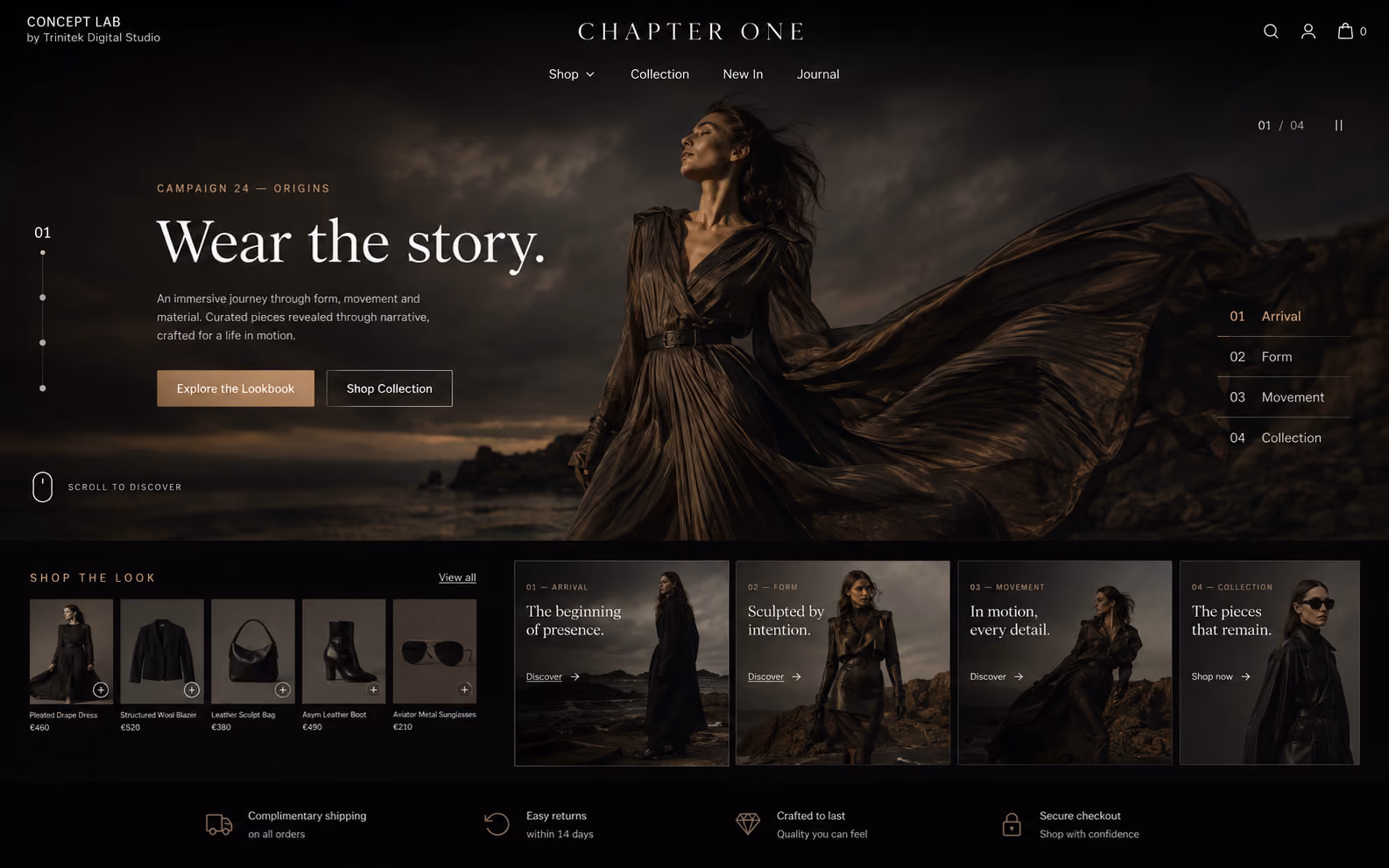 Concept di e-commerce fashion cinematografico: scena scura con fotografia di un abito in movimento, titolo serif chiaro di grande formato, indice dei capitoli numerati sulla destra, fascia shop the look con cinque prodotti e prezzi e quattro schede di capitolo.