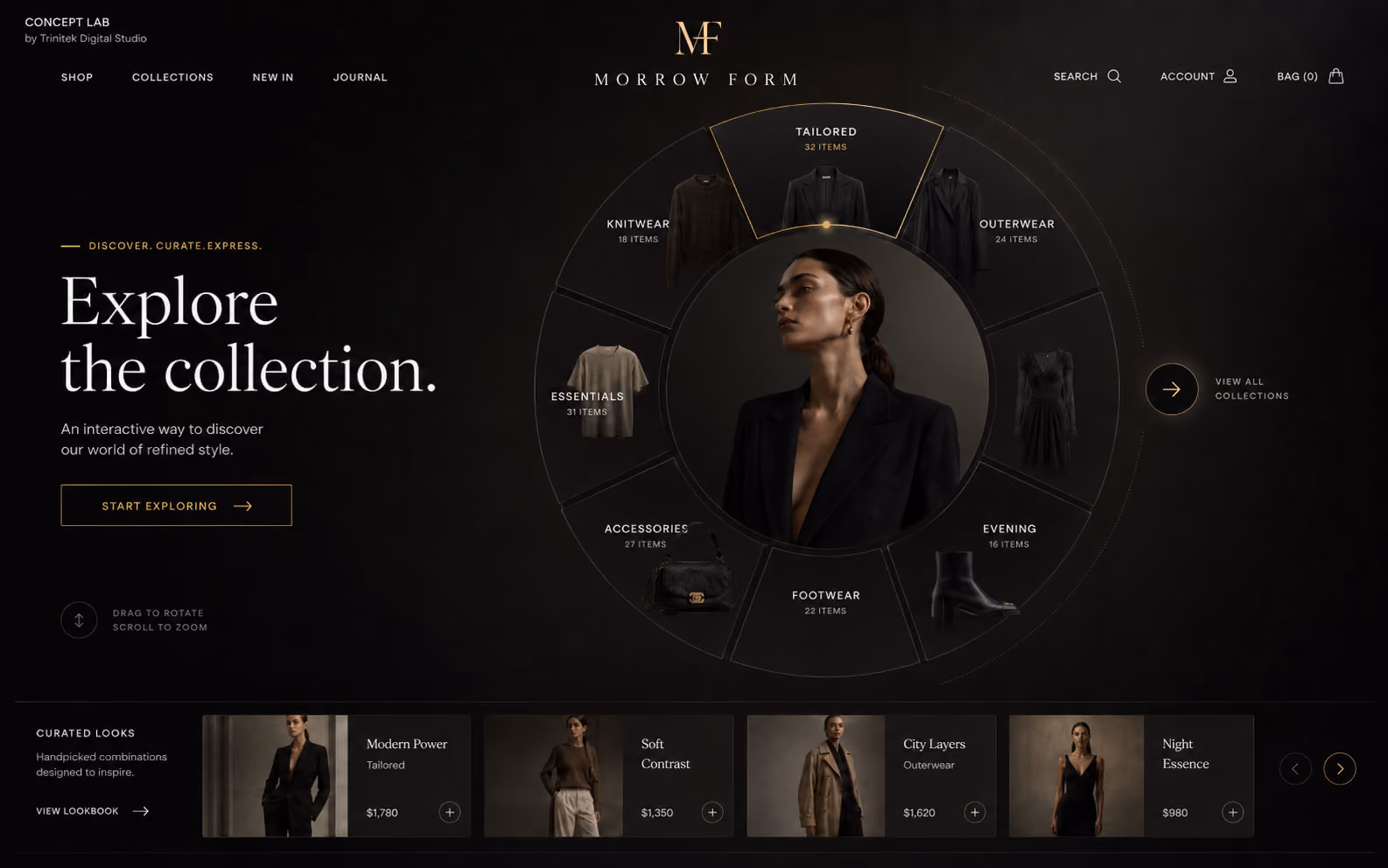 Concept di e-commerce fashion interattivo: fondo scuro con interfaccia radiale che dispone otto reparti e il numero di articoli attorno a una figura centrale, titolo serif chiaro a sinistra, indicazione di trascinare per ruotare e carosello di look selezionati con prezzi.