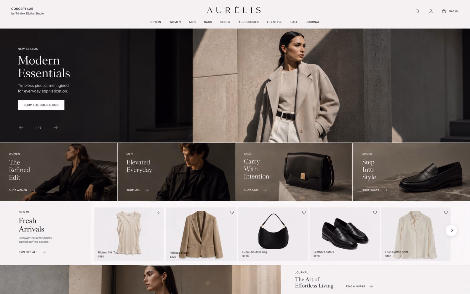 Concept di e-commerce fashion lifestyle: hero chiaro con fotografia in luce naturale e indicatore di carosello, fascia di quattro riquadri di reparto su fondo scuro con titoli serif, carosello di schede prodotto con prezzi e icona wishlist e apertura editoriale del journal in basso.