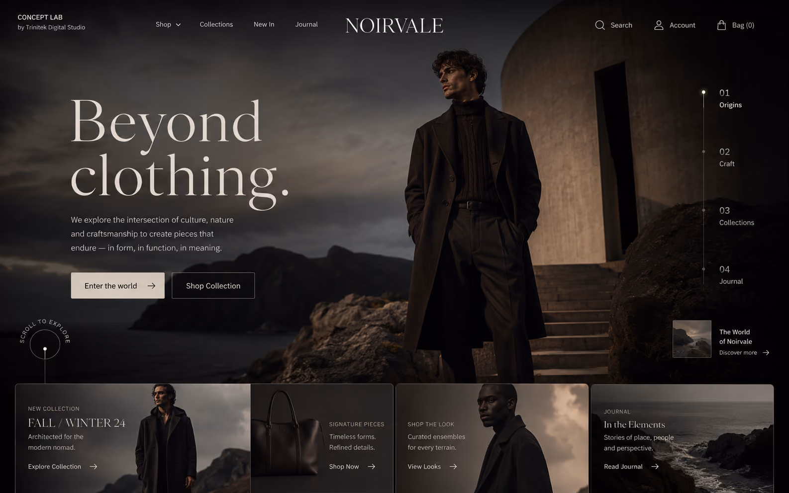Concept di e-commerce fashion immersivo di fascia signature: scena cinematografica al crepuscolo con architettura in pietra e figura in cappotto lungo, titolo serif chiaro su due righe, indice dei capitoli sulla destra e fascia di quattro riquadri su collezione, pezzi signature, shop the look e journal.