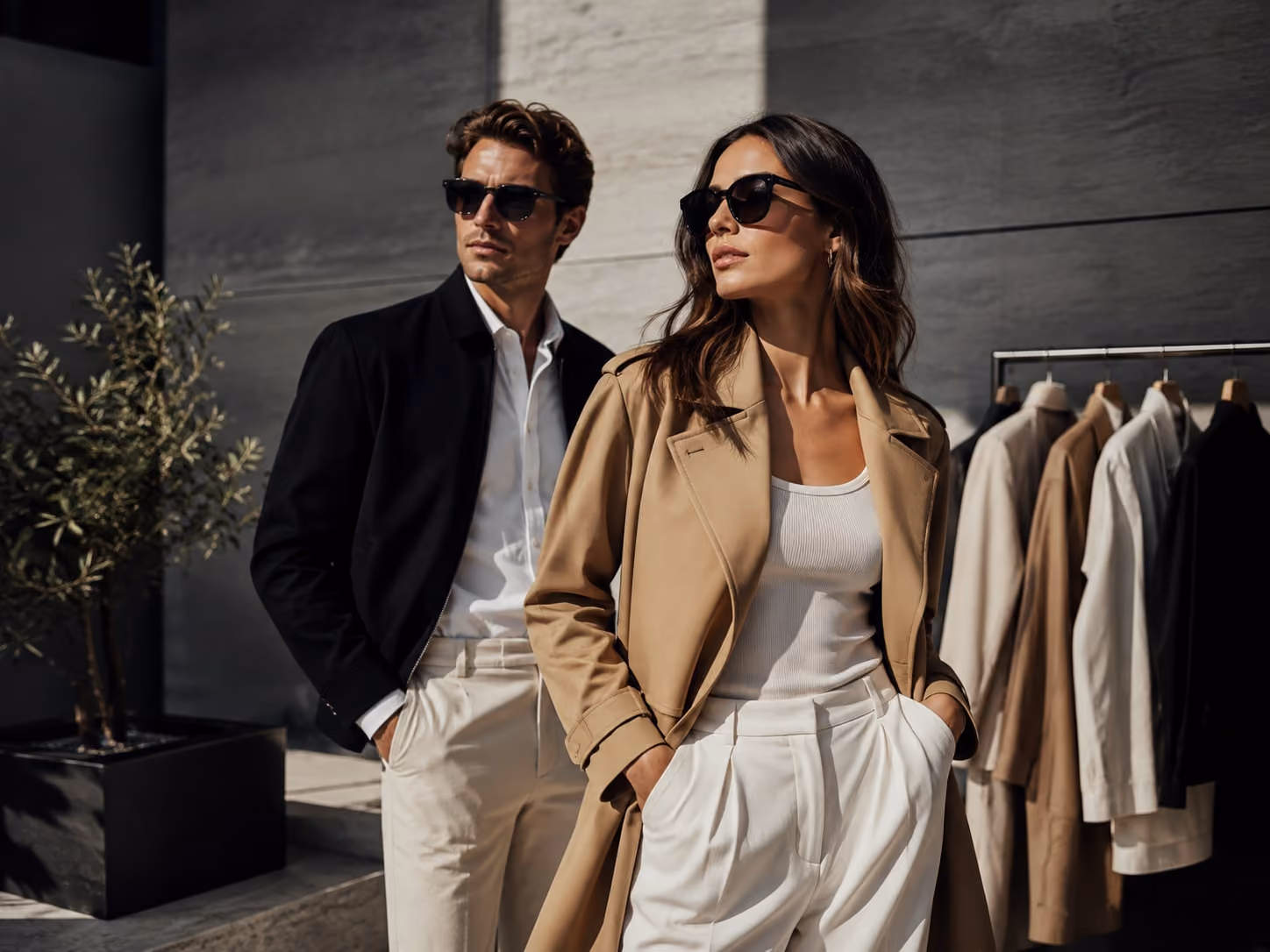 Editoriale fashion con due modelli in capi lifestyle, rack di abbigliamento sullo sfondo.