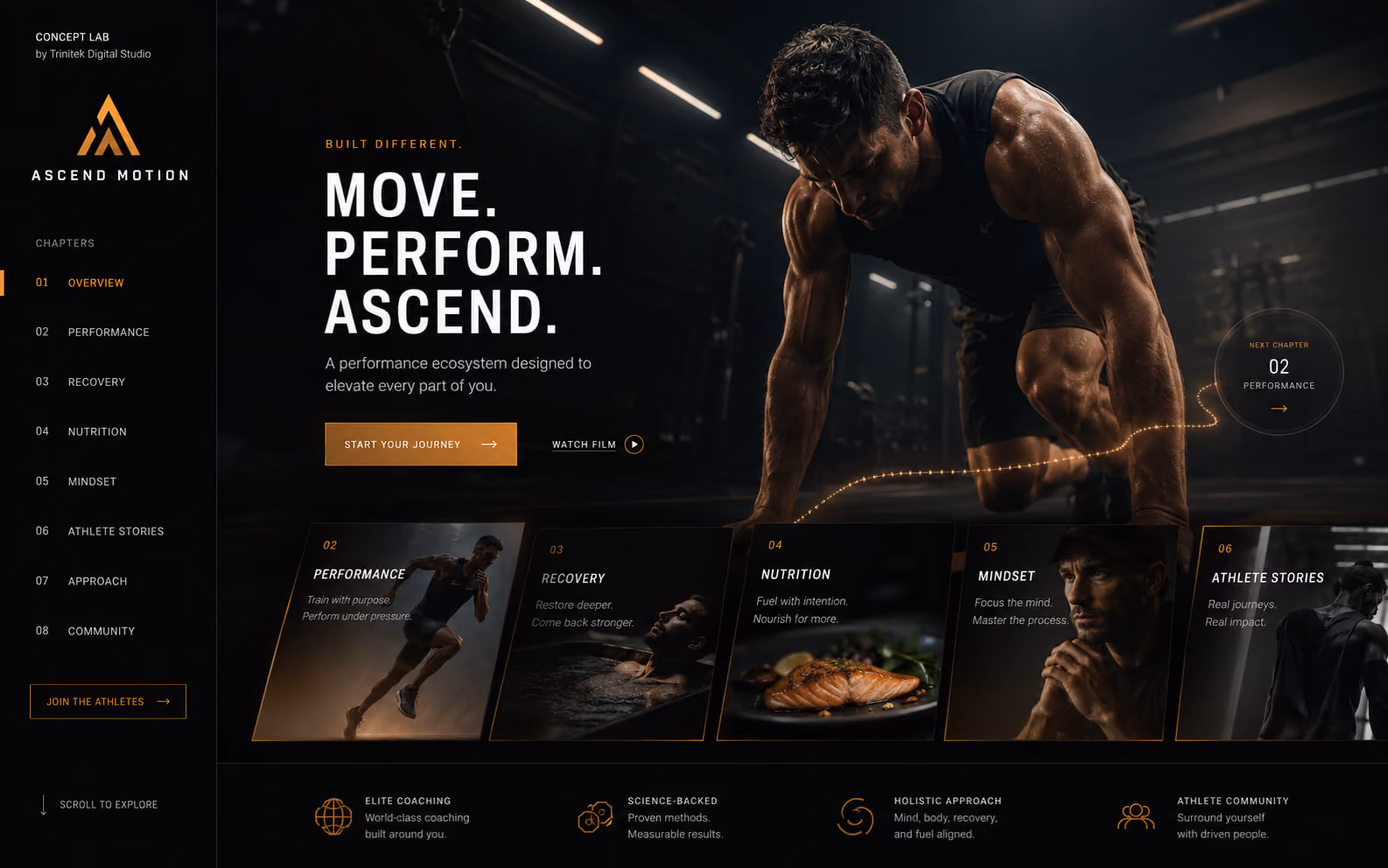 Concept di sito web cinematografico per il fitness: scena scura e ambrata di un atleta in partenza, indice dei capitoli sulla sinistra, riga di schede inclinate in basso e invito a scorrere.