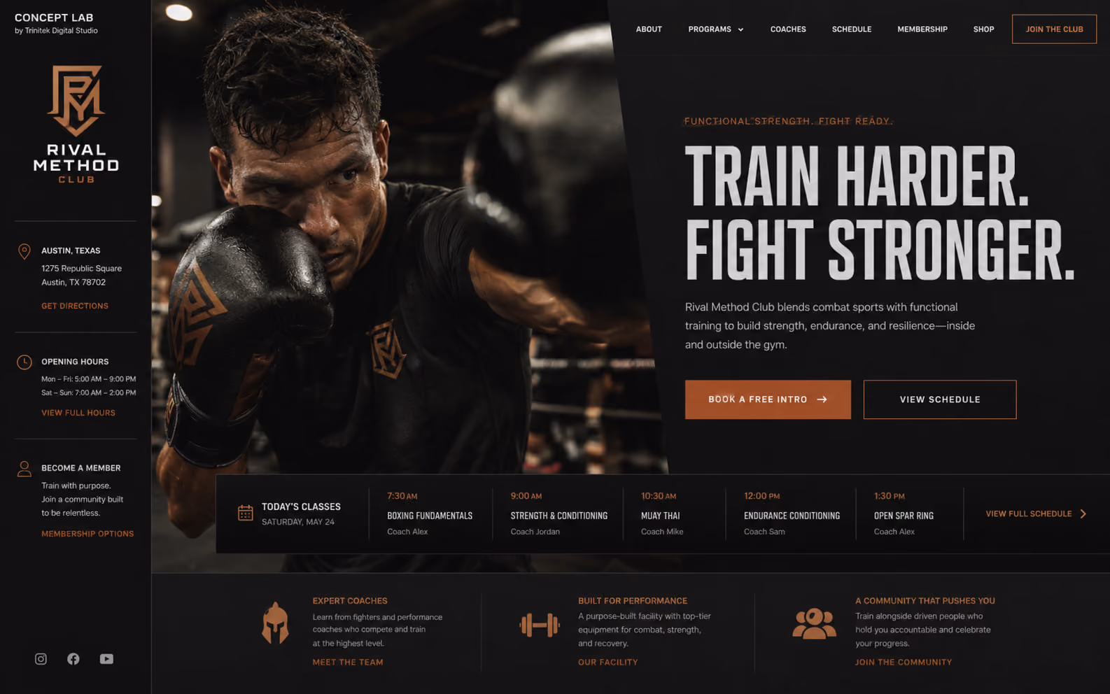 Concept di sito web per un combat club: fondo scuro con accenti rame, colonna laterale con sede e orari, fotografia di un pugile in guardia e fascia con le lezioni della giornata.