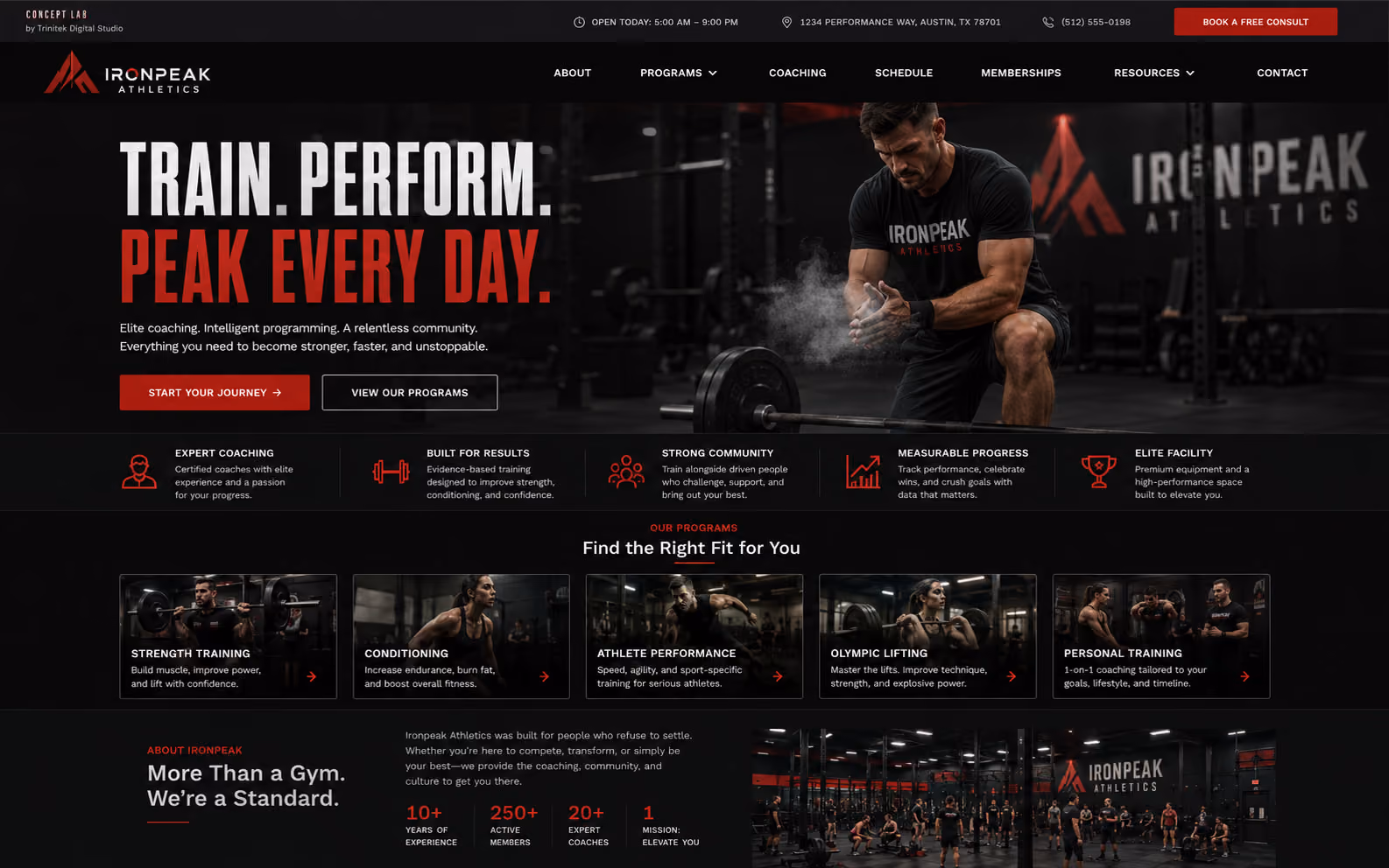 Concept di sito web per una palestra di performance: hero scuro con fotografia di sollevamento pesi, titolo condensato bianco e rosso e riga di programmi di allenamento sotto la barra dei vantaggi.
