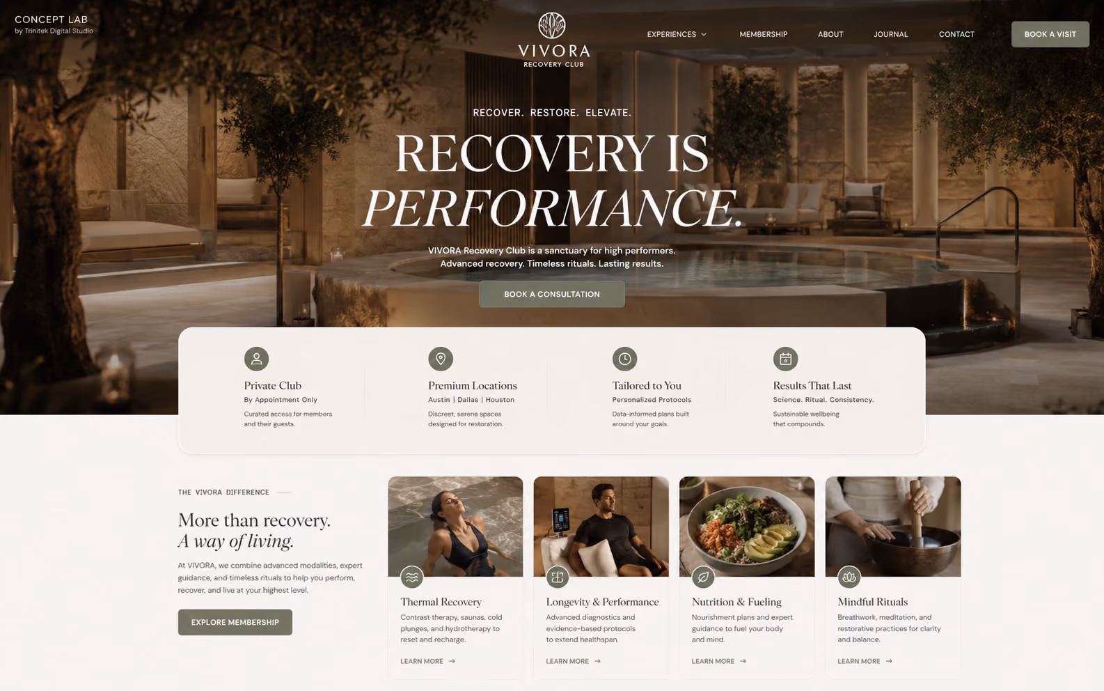 Concept di sito web per un club di recovery e longevity: hero caldo su una piscina termale fra ulivi e pietra, titolo serif di grande formato e schede su terapie termali, longevity, nutrizione e rituali.