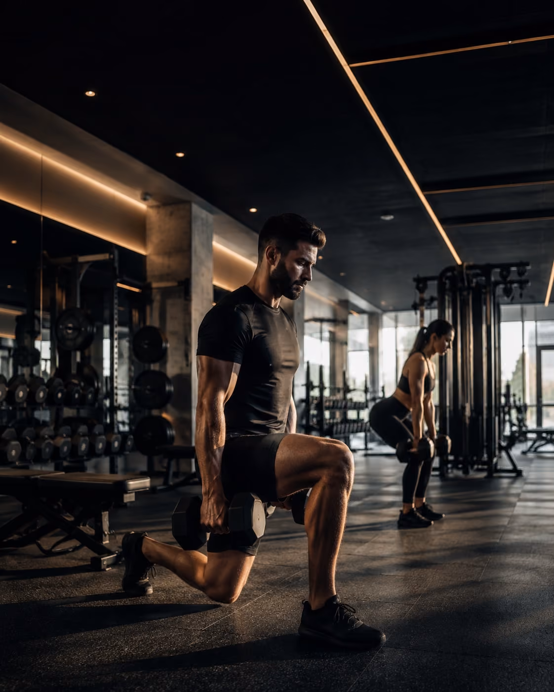 Allenamento con manubri in una palestra contemporanea.
