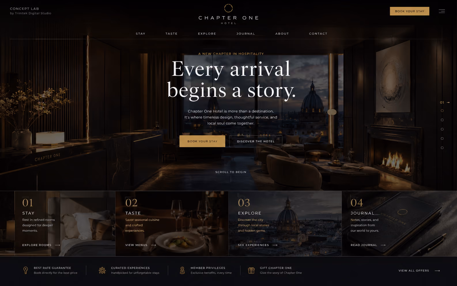 Concept di sito web cinematografico per l'hospitality: scena scura di una suite con camino e vista sui tetti, titolo serif di grande formato al centro, indicatore di capitoli sulla destra, invito a scorrere e fascia inferiore con quattro capitoli numerati.