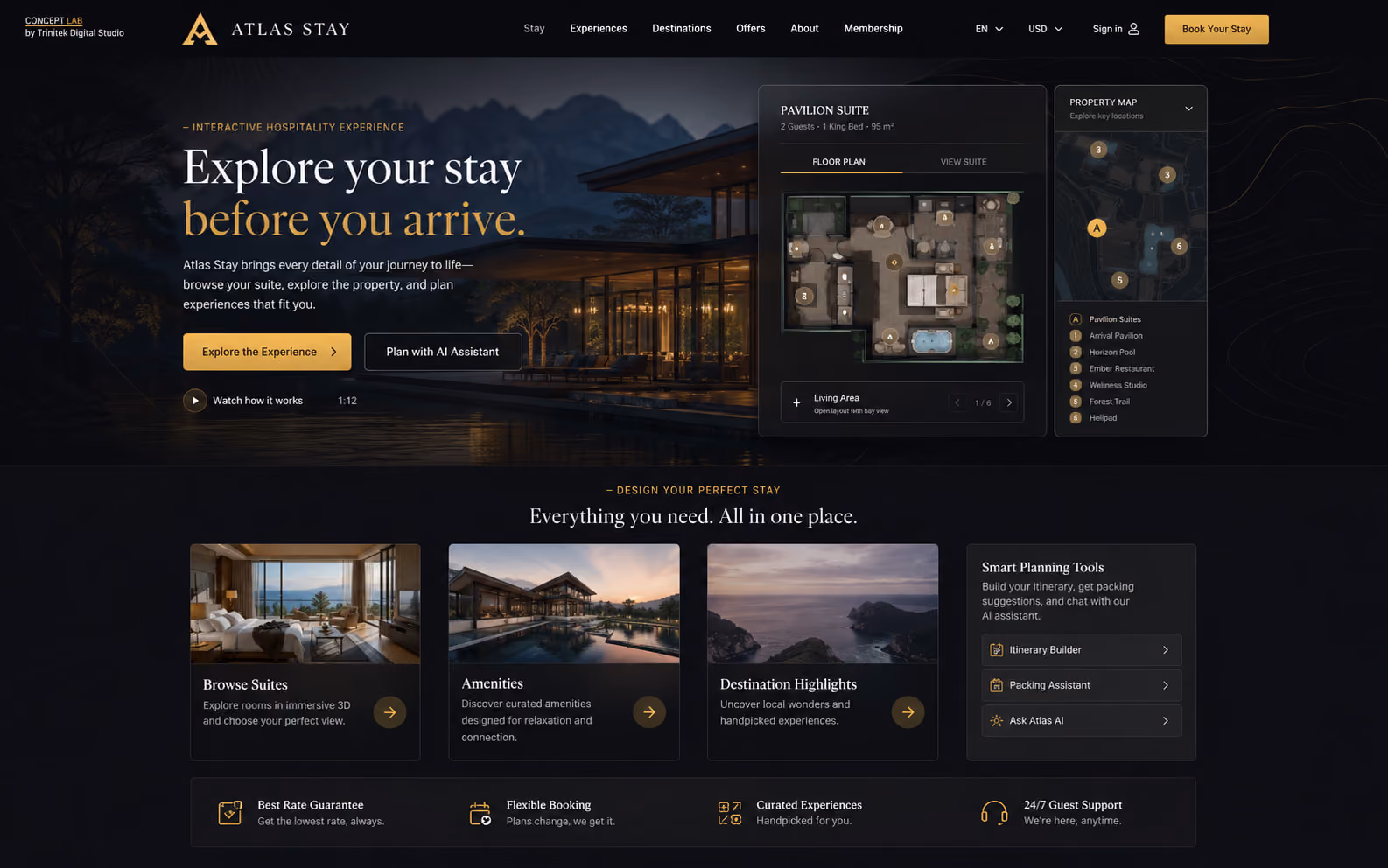 Concept di sito web interattivo per l'hospitality: fondo scuro con la struttura al tramonto, pannello con la planimetria di una suite e le sue viste, mappa della proprietà con i punti chiave numerati in legenda, e fascia inferiore con esplorazione camere, servizi, territorio e strumenti di pianificazione.