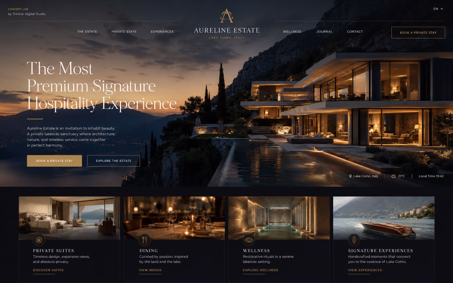 Concept di sito web immersivo di fascia signature per l'hospitality: villa contemporanea illuminata al tramonto su un lago fra le montagne, titolo serif chiaro su tre righe, doppia call to action e fascia di quattro schede su suite private, cucina, wellness ed esperienze firmate.