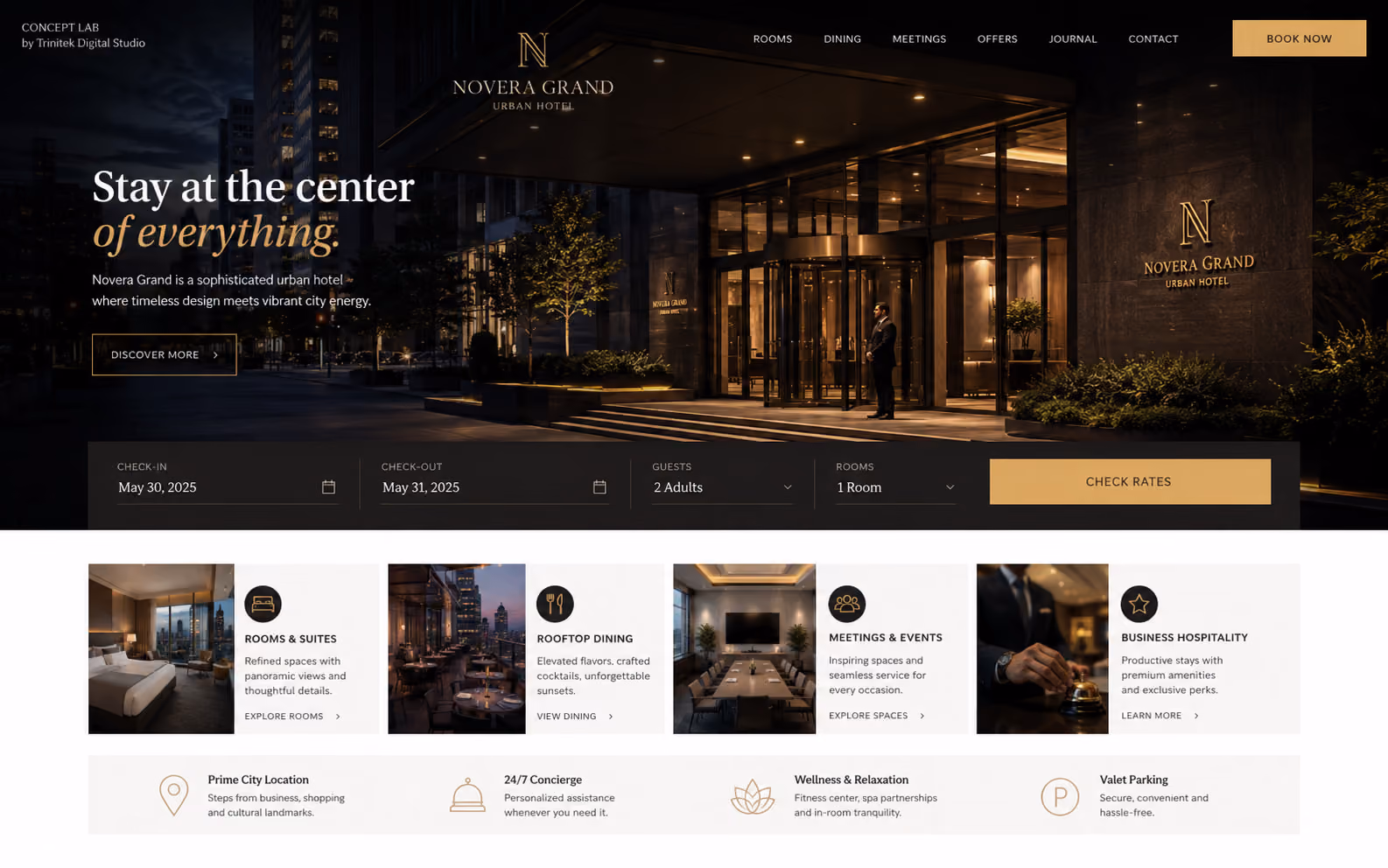 Concept di sito web per un hotel urbano: hero notturno sull'ingresso illuminato di un edificio di città, wordmark serif oro centrato, barra di prenotazione con date, ospiti e camere, e riga di schede su camere, rooftop, sale meeting e servizi business.