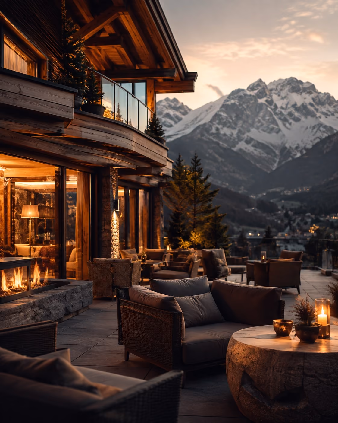 Terrazza di uno chalet di montagna al tramonto, con vista sulle vette innevate.