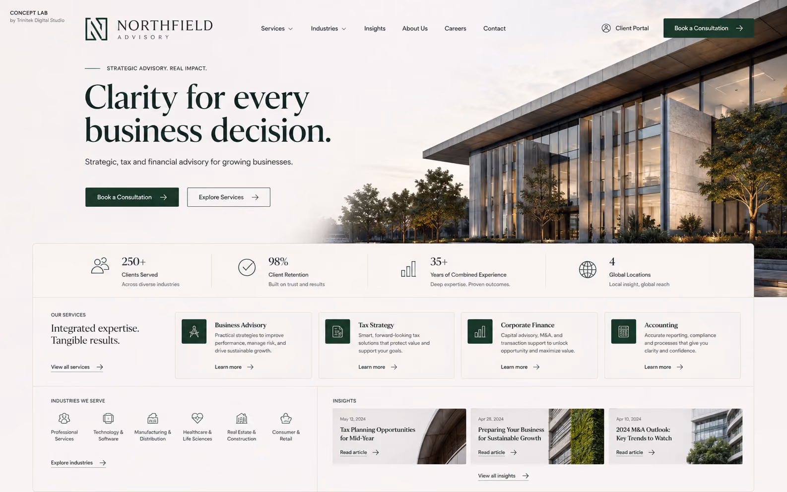 Concept di sito web per una società di consulenza fiscale e finanziaria: hero chiaro su un edificio direzionale a vetri, titolo serif su due righe, fascia di indicatori sotto l'apertura e griglia di servizi, settori serviti e approfondimenti.