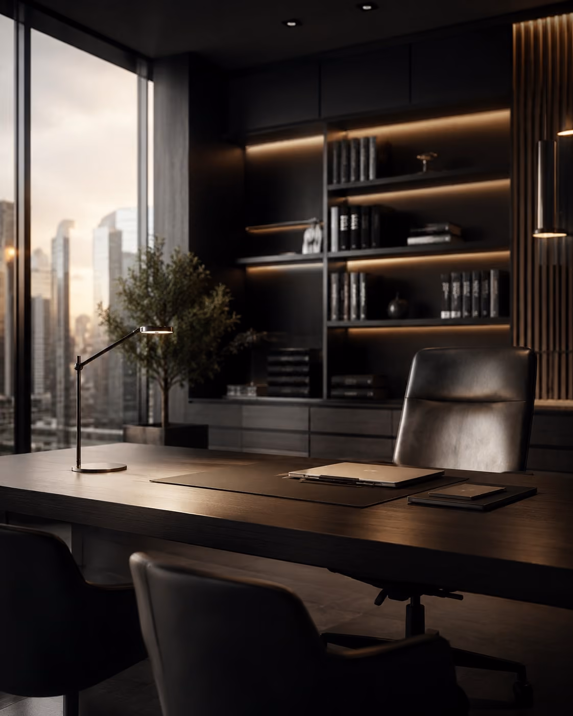 Scrivania di uno studio professionale contemporaneo con vista sulla città.
