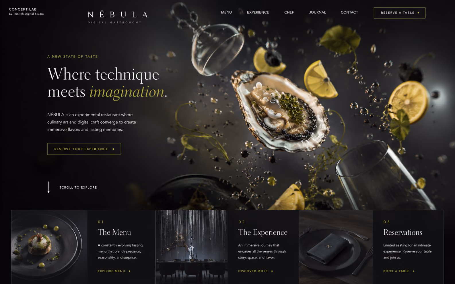Concept di sito web immersivo per la gastronomia digitale: composizione tridimensionale di ingredienti e vetri sospesi, con percorso in tre esperienze.