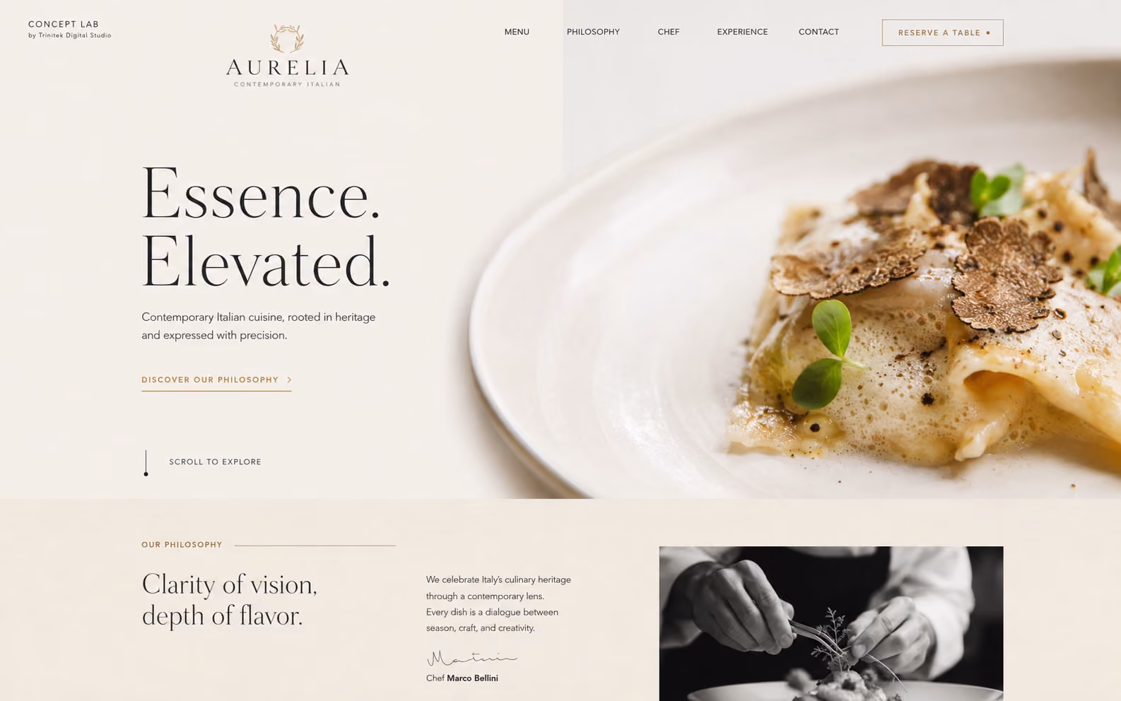 Concept di sito web per un ristorante fine dining: hero chiaro su fondo avorio, titolo serif di grande formato e fotografia ravvicinata di un piatto.