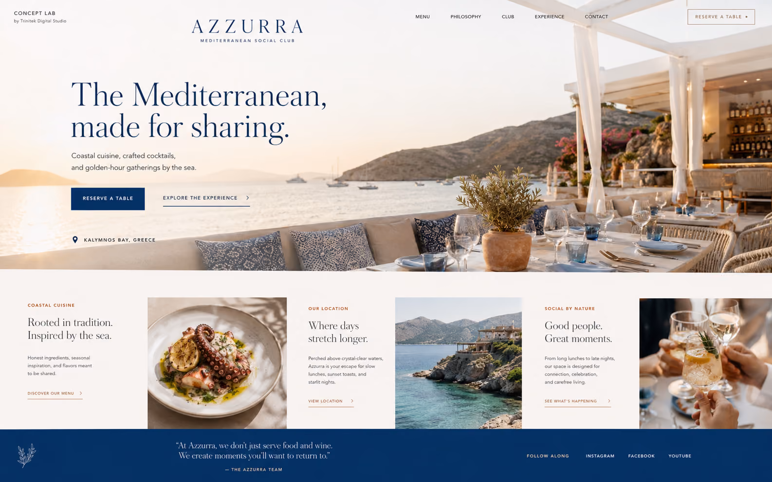 Concept di sito web per un locale mediterraneo: hero luminoso su una terrazza affacciata sul mare e sezioni su cucina, luogo e convivialità.