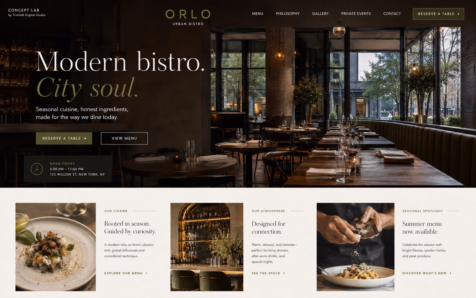 Concept di sito web per un bistrot urbano: hero fotografico della sala in toni caldi e tre schede su cucina, atmosfera e proposta di stagione.